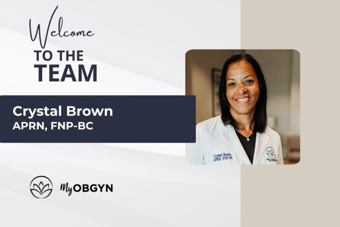 Welcome to the team banner showing Crystal Brown, APRN-FNP-BC, in a white coat with the MyOBGYN logo.